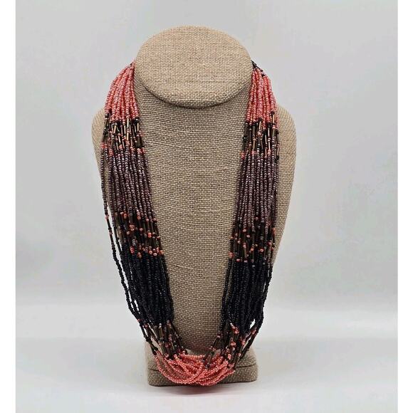 Multi Strand Coiled Seed Bead Iridescent Black Pink Chunky Statement Necklace - Picture 1 of 16